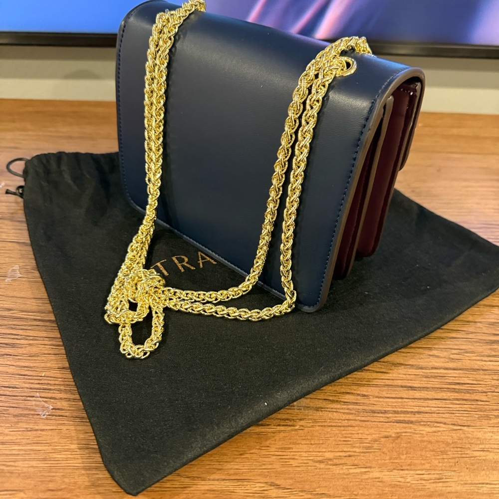 Strathberry Navy and White Crossbody Bag with Gold Chain